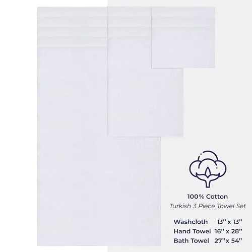 American Soft Linen Premium 3 qismli sochiq to'plami, 1 ta vanna sochiqi, 1 ta qo'l sochiqi, 1 ta yuz sochiqi, 600 GSM 100% paxta hammom uchun Turk sochiqlari, Oq sochiq to'plami - 4