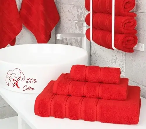 American Soft Linen Premium 3 qismli sochiq to'plami, 1 ta vanna sochiqi, 1 ta qo'l sochiqi, 1 ta yuz sochiqi, 600 GSM 100% paxta hammom uchun turk sochiqlari, Qizil sochiq to'plami - 2