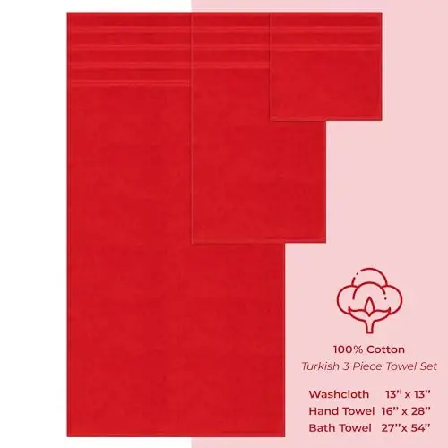 American Soft Linen Premium 3 qismli sochiq to'plami, 1 ta vanna sochiqi, 1 ta qo'l sochiqi, 1 ta yuz sochiqi, 600 GSM 100% paxta hammom uchun turk sochiqlari, Qizil sochiq to'plami - 4