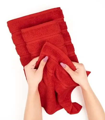American Soft Linen Premium 3 qismli sochiq to'plami, 1 ta vanna sochiqi, 1 ta qo'l sochiqi, 1 ta yuz sochiqi, 600 GSM 100% paxta hammom uchun turk sochiqlari, Qizil sochiq to'plami - 5