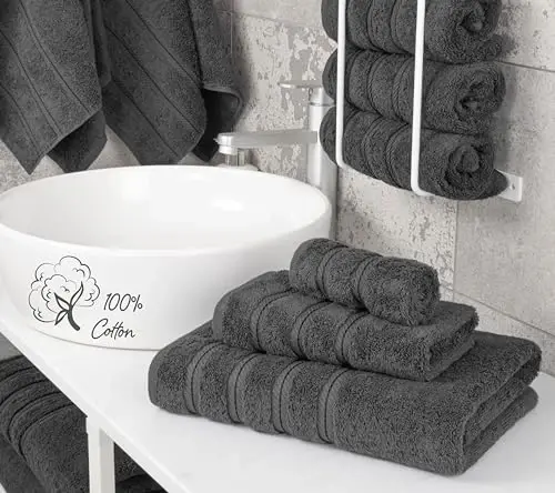 American Soft Linen Premium 3 qismli sochiq to'plami, 1 ta vanna sochiqi, 1 ta qo'l sochiqi, 1 ta yuz sochiqi, 600 GSM 100% paxta hammom uchun Turk sochiqlari, To'q kulrang sochiq to'plami - 2