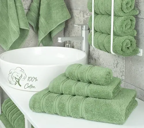 American Soft Linen Premium 3 qismli sochiqlar to'plami, 1 ta vanna sochiqi, 1 ta qo'l sochiqi, 1 ta yuvinish sochiqi, 600 GSM 100% Paxta Hammom uchun Turk Sochiqlari, Sage sochiqlar to'plami - 2