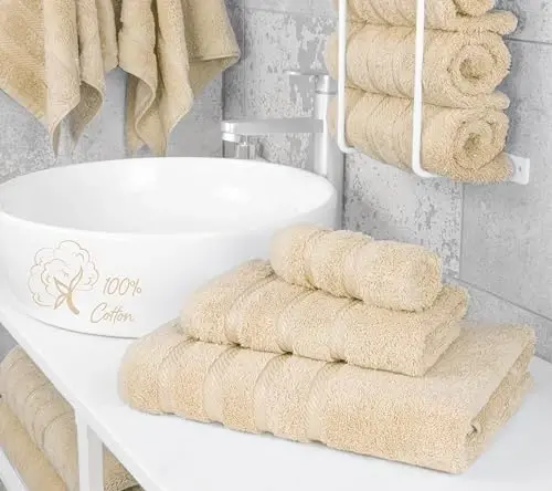 American Soft Linen Premium 3 qismli sochiqlar to‘plami, 1 ta vanna sochiqi, 1 ta qo‘l sochiqi, 1 ta yuvish matosi, 600 GSM 100% paxta, hammom uchun Turk sochiqlari, Bej sochiq to‘plami - 2