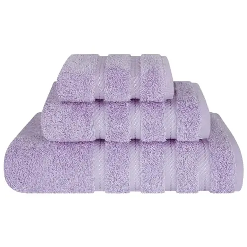 American Soft Linen Premium 3 qismli sochiqlar to'plami, 1 ta vanna sochiqi, 1 ta qo'l sochiqi, 1 ta yuz sochiqi, 600 GSM 100% paxta, hammom uchun turk sochiqlari, Lilak sochiqlar to'plami 