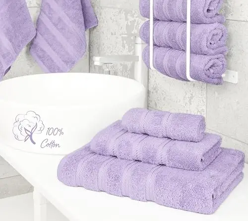 American Soft Linen Premium 3 qismli sochiqlar to'plami, 1 ta vanna sochiqi, 1 ta qo'l sochiqi, 1 ta yuz sochiqi, 600 GSM 100% paxta, hammom uchun turk sochiqlari, Lilak sochiqlar to'plami - 2