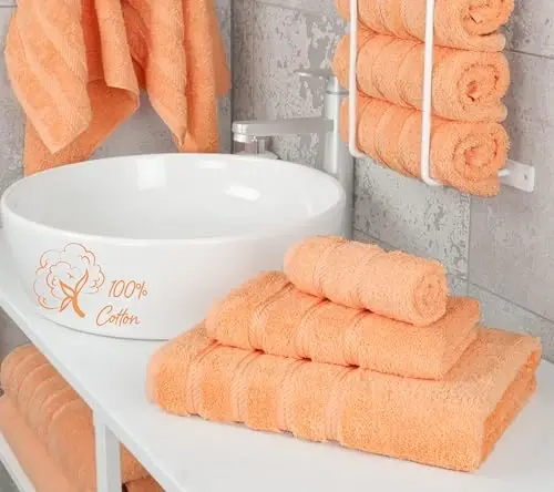 American Soft Linen Premium 3 qismli sochiqlar to‘plami, 1 ta vanna sochiqi, 1 ta qo‘l sochiqi, 1 ta yuz sochiqi, 600 GSM 100% paxta, vanna uchun Turk sochiqlari, shaftoli rangli sochiqlar to‘plami - 2