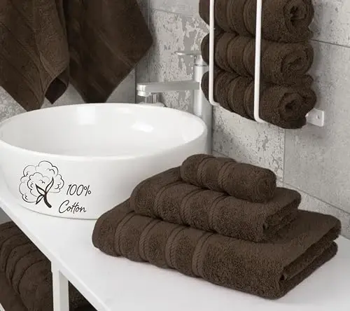 American Soft Linen Premium 3 Piece Towel Set, 1 Bath Towel 1 Hand Towel 1 Washcloth, 600 GSM 100% Cotton Turkish Towels for Bathroom, Brown Towel Set - 2