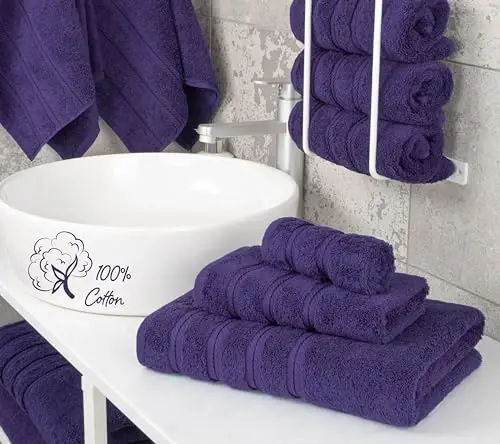 American Soft Linen Премиум Набор из 3 Полотенец, 1 Банное Полотенце, 1 Полотенце для Рук, 1 Салфетка, 600 GSM 100% Хлопок Турецкие Полотенца для Ванной, Фиолетовый Набор Полотенец - 2