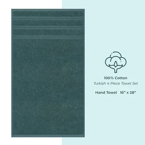 American Soft Linen vanna xonasi uchun hashamatli qo'l sochiqlari, 600 GSM og'ir vaznli, 16x28 o'lchamli, 100% paxta Turk 4 qismli qo'l va yuz sochiq to'plami, feruza rang qo'l sochiqlari - 4