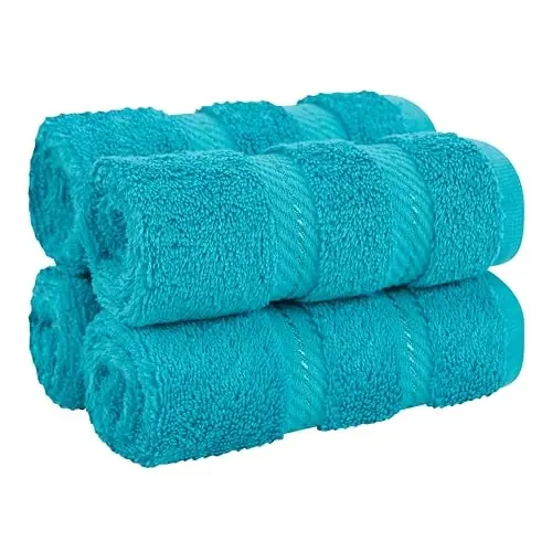 American Soft Linen Vanna xonasi uchun hashamatli yuvish sochiqlari, 600 GSM 100% Paxta 4 qismli Turk yuvish sochiq to'plami, Tana va yuz uchun 13x13 dyuymli yumshoq sochiqlar, Aqua Blue yuvish sochiqlari - 1