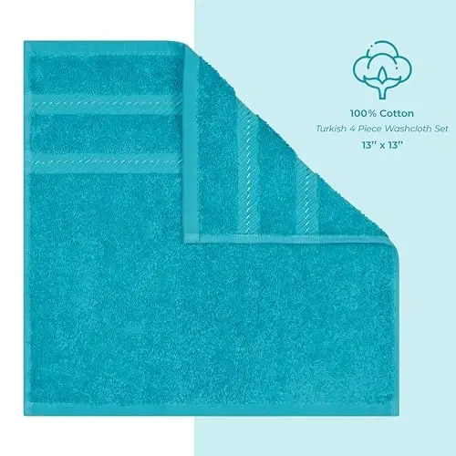 American Soft Linen Vanna xonasi uchun hashamatli yuvish sochiqlari, 600 GSM 100% Paxta 4 qismli Turk yuvish sochiq to'plami, Tana va yuz uchun 13x13 dyuymli yumshoq sochiqlar, Aqua Blue yuvish sochiqlari - 4