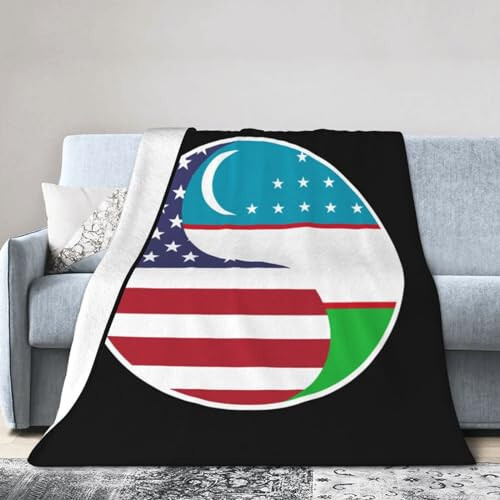 Amerika va O'zbekistonning Yin Yang Bayrog'i Kombinatsiyasi Kreslo uchun 60''x50'' To'shak Divan Super Yumshoq Qulay Adyol Flanel Adyol va Tasmalar - 2