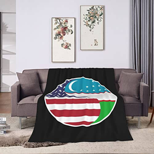 Amerika va O'zbekistonning Yin Yang Bayrog'i Kombinatsiyasi Kreslo uchun 60''x50'' To'shak Divan Super Yumshoq Qulay Adyol Flanel Adyol va Tasmalar - 4