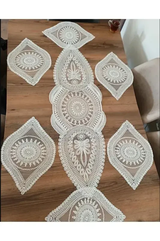 Amerikan Servis, 1 Runner 6 Supla Krem Yemek Servis Takımı, Masa Örtüsü Seti, Servis Sunum Seti-MLD - ÇT ÇEYIZCI TEKSTIL