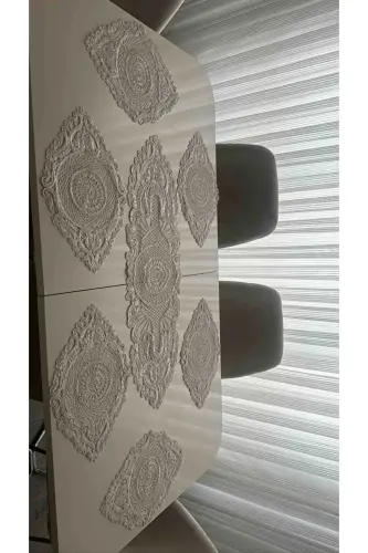 Amerikan Servis, 1 Runner 6 Supla Ovqatlanish Servis To'plami, Stol Yopqichi To'plami, Servis Taqdimot To'plami - Krem-Krem2 - ÇT ÇEYIZCI TEKSTIL (1)