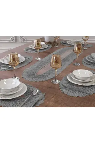 Amerikan Servis, 1 Runner 6 Supla Yemek Servis Takımı, Masa Örtüsü Seti, Servis Sunum Seti Gri - Gri - 4