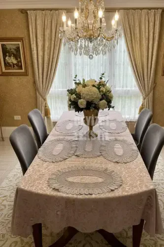 Amerikan Servis, 1 Runner 6 Supla Yemek Servis Takımı, Masa Örtüsü Seti, Servis Sunum Seti Gri-Gri - Modazone (1)