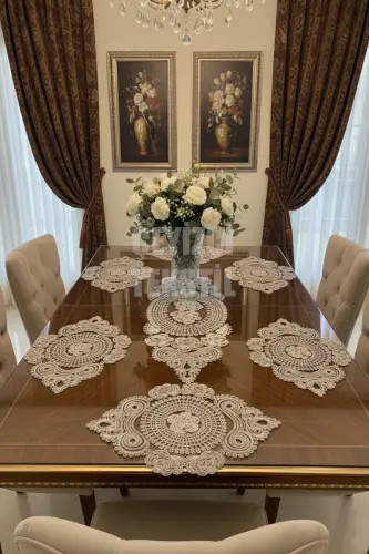 Amerikan Servis, 1 Runner 6 Supla Yemek Servis Takımı, Masa Örtüsü Seti, Servis Sunum Seti-Kahverengi 