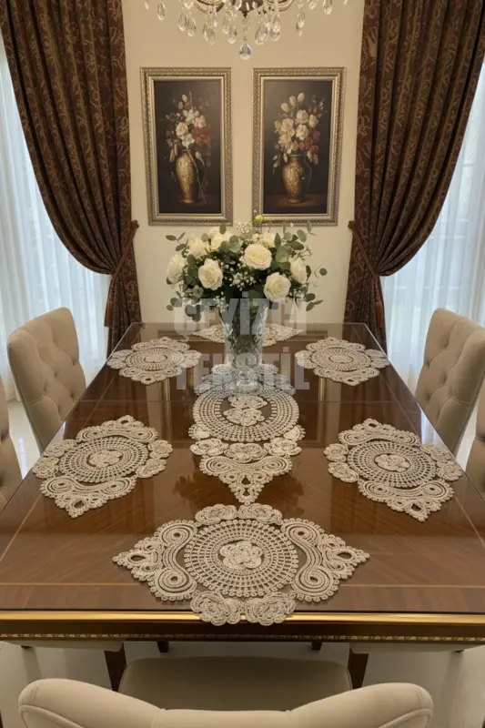 Amerikan Servis, 1 Runner 6 Supla Yemek Servis Takımı, Masa Örtüsü Seti, Servis Sunum Seti-Kahverengi - 1