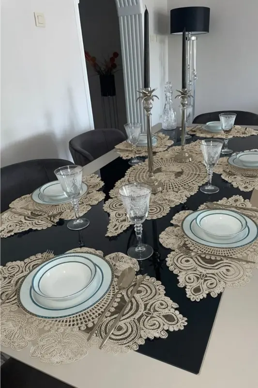 Amerikan Servis, 1 Runner 6 Supla Yemek Servis Takımı, Masa Örtüsü Seti, Servis Sunum Seti-Kahverengi - 2