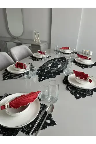 Amerikan Servis, 1 Runner 6 Supla Yemek Servis Takımı, Masa Örtüsü Seti, Servis Sunum Seti-Siyah - 1