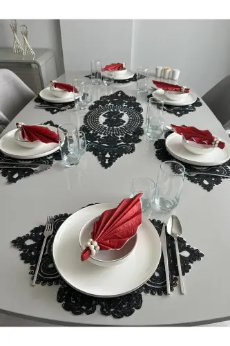 Amerikan Servis, 1 Runner 6 Supla Yemek Servis Takımı, Masa Örtüsü Seti, Servis Sunum Seti-Siyah - ÇT ÇEYIZCI TEKSTIL (1)