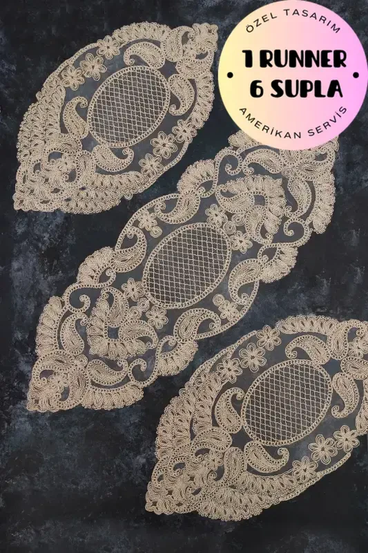Amerikan Servis, 1 Runner 6 Supla Kahve Yemek Servis Takımı, Masa Örtüsü Seti, Servis Sunum Seti-YMRT - 2