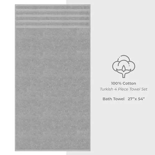 Amerikan Soft Linen Lüks 4 Parça Banyo Havlusu Seti, 600 GSM %100 Pamuk Türk Banyo Havluları, 27x54 inç Büyük Banyo Duş Havluları, Açık Gri - 4