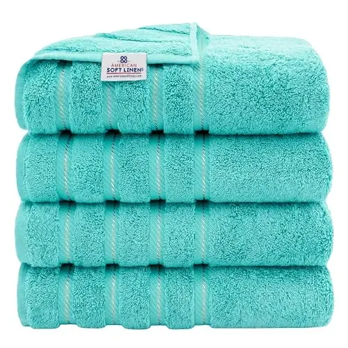 Amerikan Soft Linen Lüks 4 Parça Banyo Havlusu Seti, 600 GSM %100 Pamuklu Banyo İçin Türk Banyo Havluları, 27x54 inç Büyük Banyo Duş Havluları, Turkuaz Mavi 