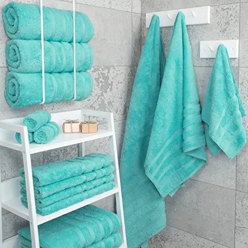 Amerikan Soft Linen Lüks 4 Parça Banyo Havlusu Seti, 600 GSM %100 Pamuklu Banyo İçin Türk Banyo Havluları, 27x54 inç Büyük Banyo Duş Havluları, Turkuaz Mavi - 2