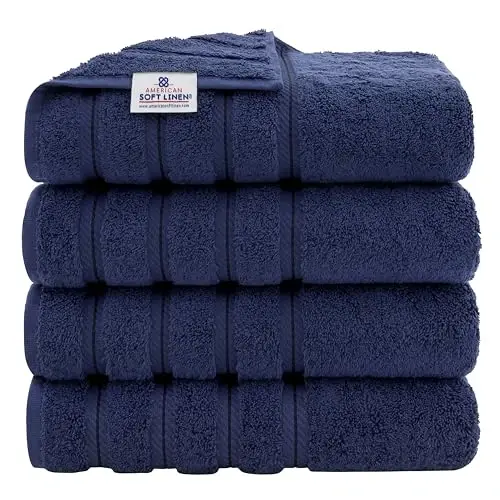 Amerikan Soft Linen Lüks 4 Parça Banyo Havlusu Seti, 600 GSM %100 Pamuklu Banyo İçin Türk Havluları, 27x54 inç Ekstra Büyük Banyo Duş Havluları, Lacivert 