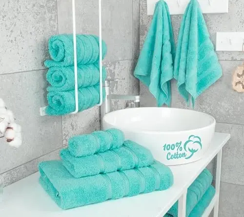 Amerikan Soft Linen Lüks 6 Parça Havlu Seti, 2 Banyo Havlusu 2 El Havlusu 2 Yüz Bezi, Banyo İçin 600 GSM %100 Pamuk Türk Havluları, Turkuaz Mavi Havlu Setleri - 3