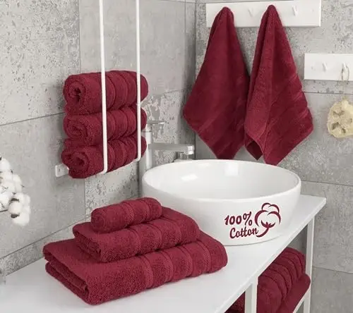 Amerikan Soft Linen Lüks 6 Parça Havlu Seti, 2 Banyo Havlusu 2 El Havlusu 2 Yüz Bezi, Banyo İçin 600 GSM %100 Pamuklu Türk Havluları, Bordo Kırmızı Havlu Setleri - 3