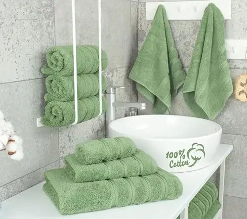 Amerikan Soft Linen Lüks 6 Parça Havlu Seti, 2 Banyo Havlusu, 2 El Havlusu, 2 Yüz Havlusu, Banyo İçin 600 GSM %100 Pamuk Türk Havluları, Adaçayı Yeşili Havlu Seti - 3