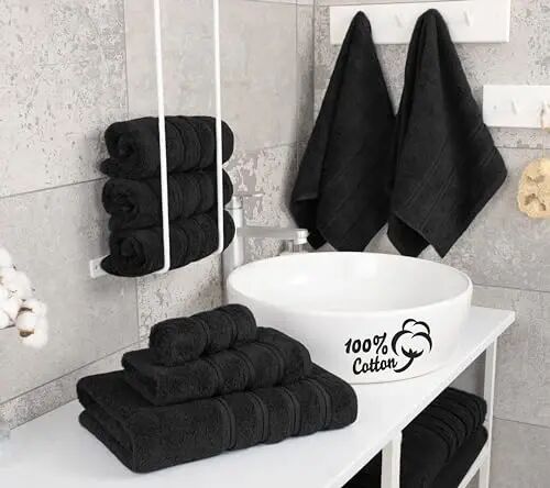 Amerikan Soft Linen Lüks 6 Parça Havlu Seti, 2 Banyo Havlusu 2 El Havlusu 2 Yüz Havlusu, Banyo için 600 GSM %100 Pamuklu Türk Havluları, Siyah Havlu Setleri - 3