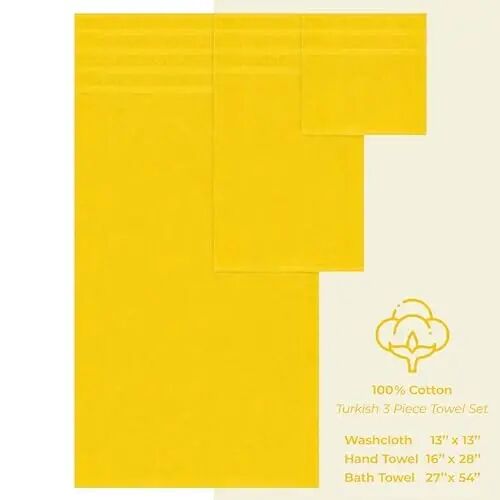 Amerikan Soft Linen Premium 3 Parça Havlu Seti, 1 Banyo Havlusu 1 El Havlusu 1 Yüz Bezi, 600 GSM %100 Pamuk Banyo İçin Türk Havluları, Sarı Havlu Seti - 4