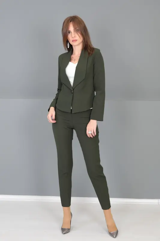 Amerikan Yaka Kısa Klasik Ceket & Dar Paça Pantolon-Haki-Haki - 2