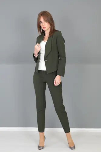 Amerikan Yaka Kısa Klasik Ceket & Dar Paça Pantolon-Haki-Haki - 5