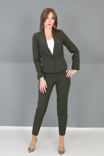 Amerikan Yaka Kısa Klasik Ceket & Dar Paça Pantolon-Haki-Haki 