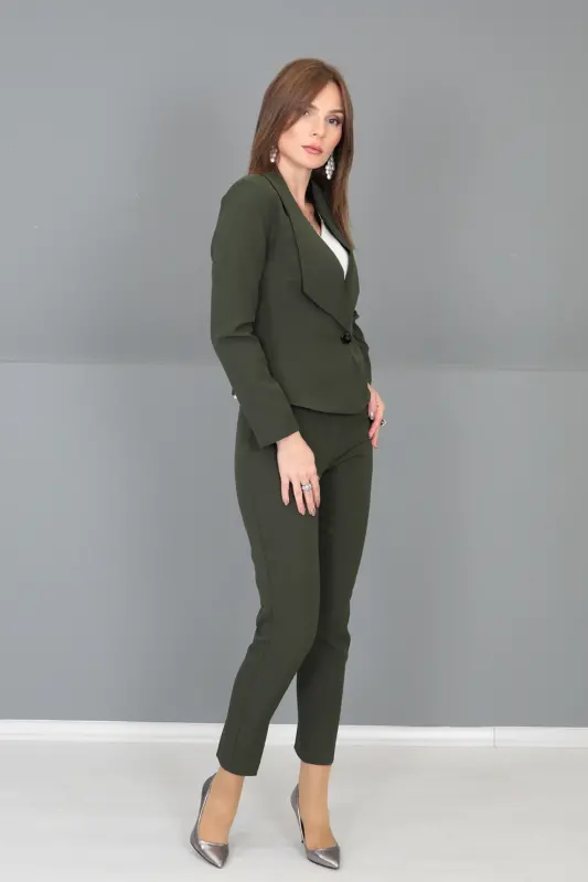 Amerikan Yaka Kısa Klasik Ceket & Dar Paça Pantolon-Haki - Haki - 3