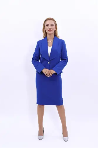 Amerikan Yaka Kısa Klasik Ceket & Düz Dar Etek-Saks-Saks - 5