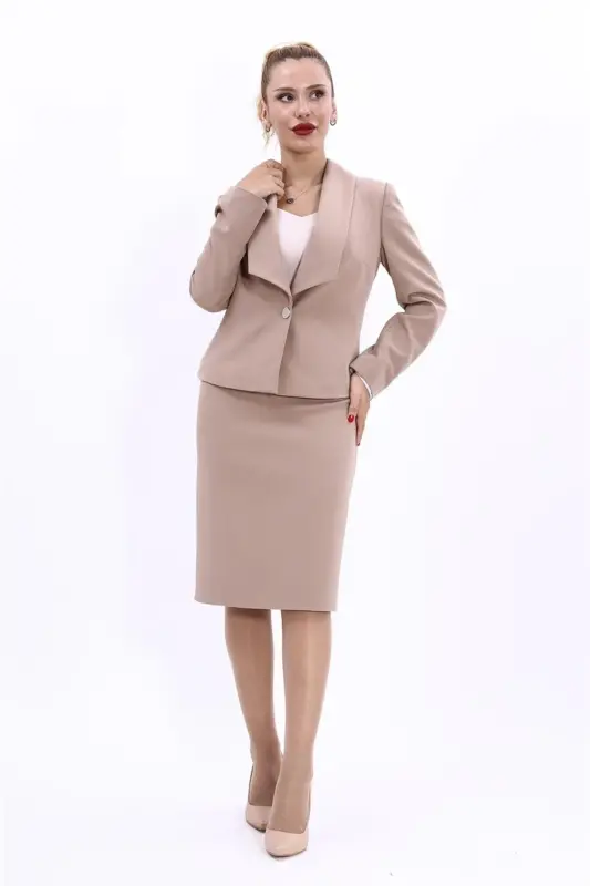 Amerikan Yaka Kısa Klasik Ceket & Düz Dar Etek-Taş-Taş - 1