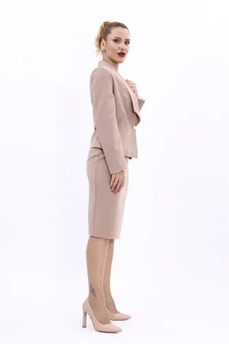 Amerikan Yaka Kısa Klasik Ceket & Düz Dar Etek-Taş-Taş - 3