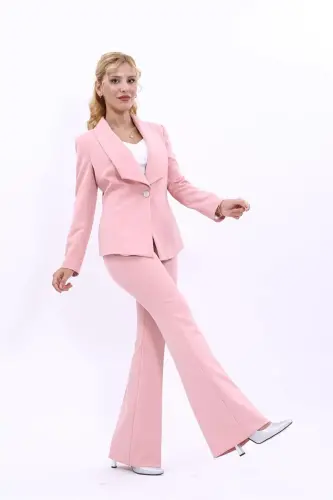 Amerikan Yaka Klasik Ceket & İspanyol Paça Pantolon-Pudra-Pudra 