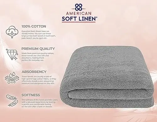 American Soft Linen 100% Cotton 600 GSM Turkish 40x80 Oversized Bath Towel Sheet, Extra Large Adult Towels for Bathroom, Light Grey Bath Sheet - 4
