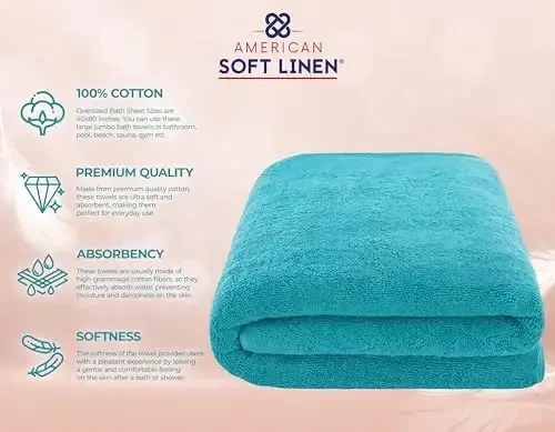 American Soft Linen Oversized Bath Sheet 40x80 Extra Large for Bathroom, 600 GSM 100% Cotton Turkish Jumbo Bathsheet Towels for Adults, Aqua Blue Bath Sheet - 4