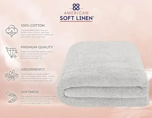 American Soft Linen Oversized Bath Sheet 40x80 Extra Large for Bathroom, 600 GSM 100% Cotton Turkish Jumbo Bathsheet Towels for Adults, Silver Gray Bath Sheet - 4
