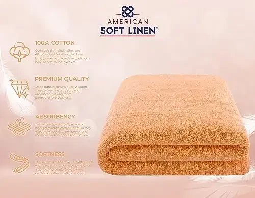American Soft Linen Oversized Bath Sheet 40x80 Extra Large for Bathroom, 600 GSM 100% Cotton Turkish Jumbo Bathsheet Towels for Adults Malibu Peach Bath Sheet - 4