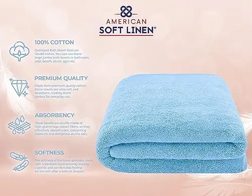 American Soft Linen 100% Cotton 600 GSM Turkish 40x80 Oversized Bath Towel Sheet, Extra Large Adult Towels for Bathroom, Sky Blue Bath Sheet - 4