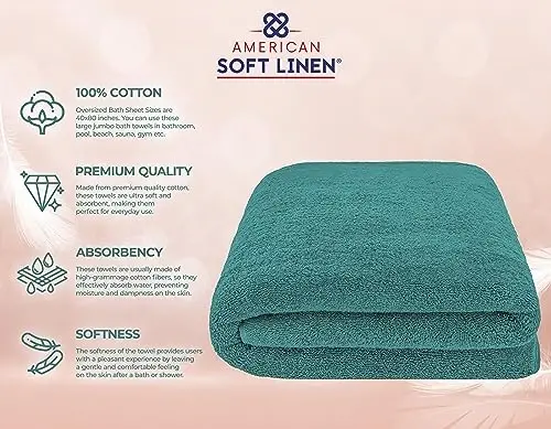 American Soft Linen 100% Cotton 600 GSM Turkish 40x80 Oversized Bath Towel Sheet, Extra Large Adult Towels for Bathroom, Teal Bath Sheet - 4